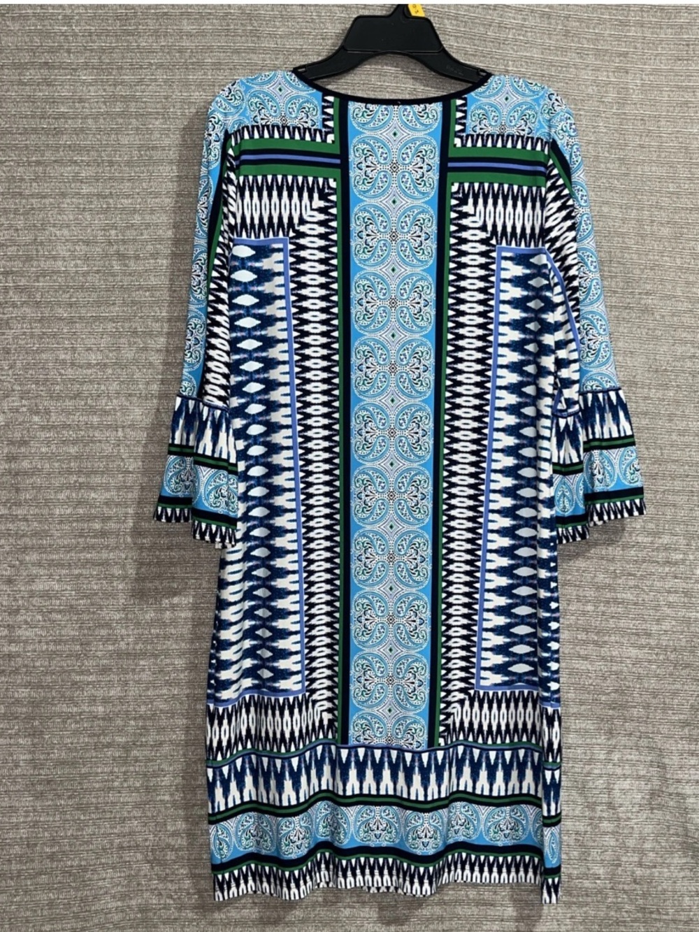 CHICO'S Blue Ikat Paisley Medallion Print 3/4 Bell Sleeves Tunic Dress Size 2
